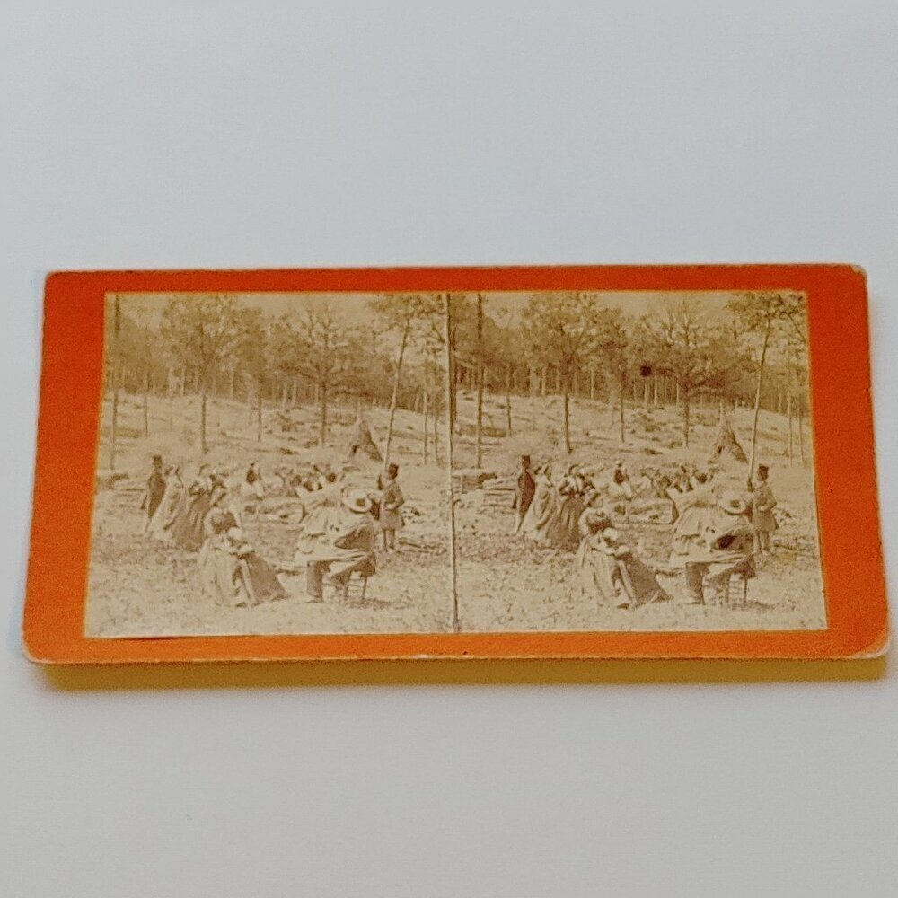 ANTIQUE STEREOGRAPH CARD Victorian Scene Outdoor Meeting